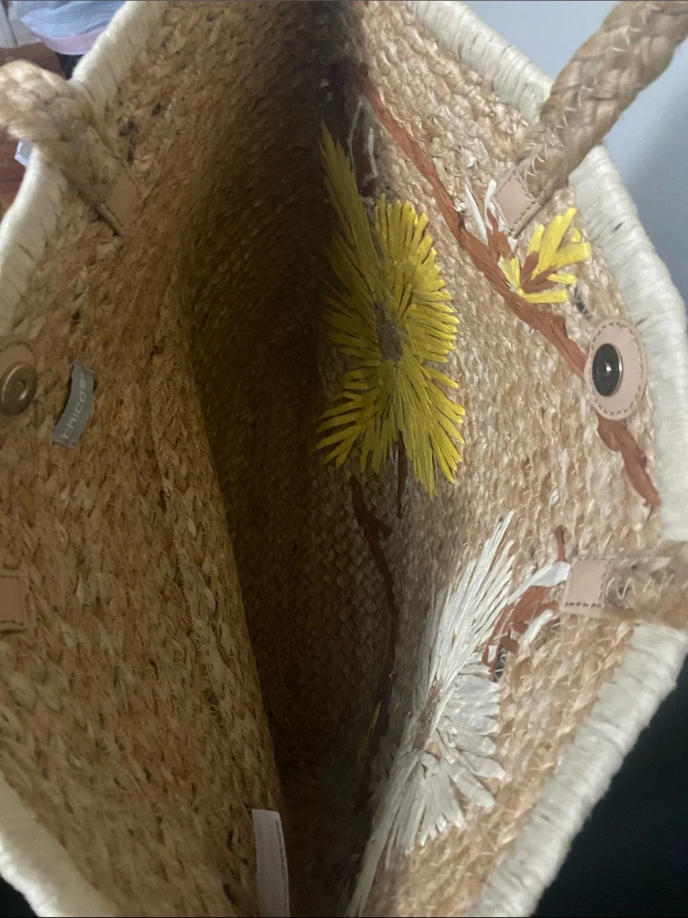 Chico’s Woven Straw Tote with Yellow & White Floral Detail